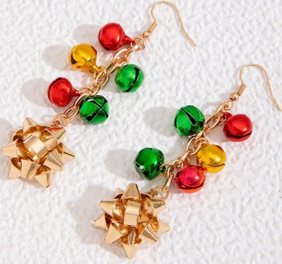 Christmas Festive Jingle bells Present Gift Bow Long Drop Metal Earrings