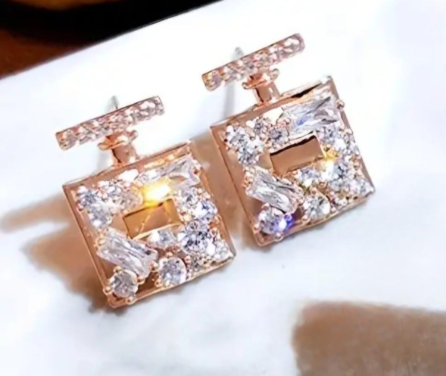 Chanel Number 5 Inspired Perfume Bottle Design Gold Plated Ziron Encrusted Small Stud Earrings