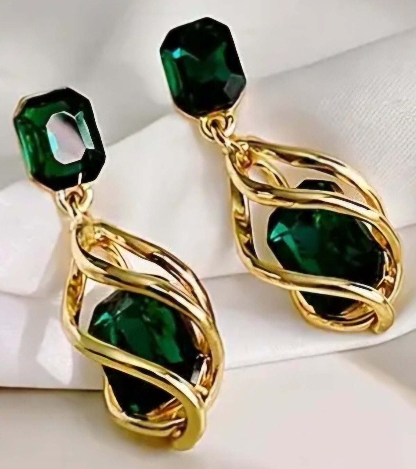 Emerald Green Jewel Gold Plated Large Tear-Drop Swirl  Cage Drop Dangle Earrings