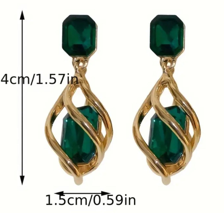 Emerald Green Jewel Gold Plated Large Tear-Drop Swirl  Cage Drop Dangle Earrings