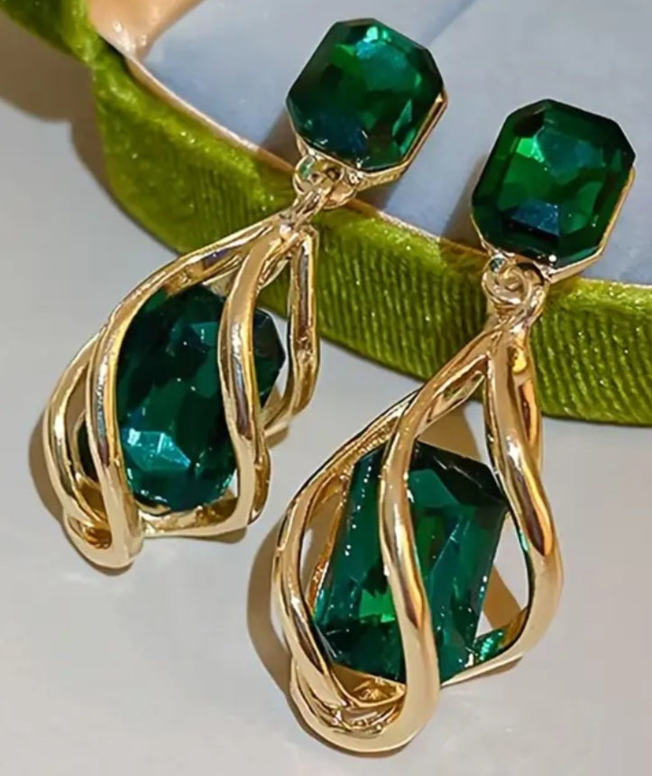 Emerald Green Jewel Gold Plated Large Tear-Drop Swirl  Cage Drop Dangle Earrings