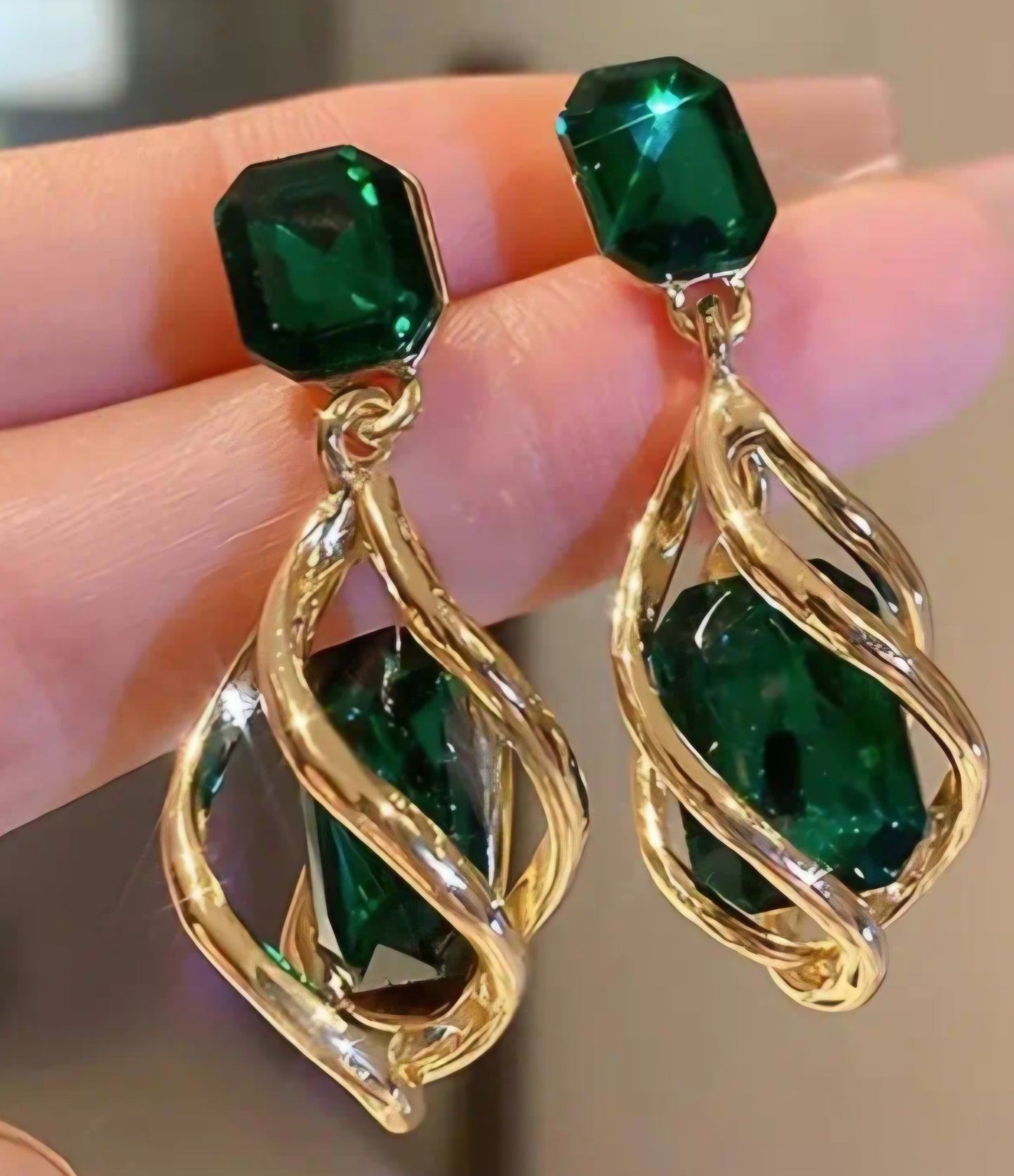 Emerald Green Jewel Gold Plated Large Tear-Drop Swirl  Cage Drop Dangle Earrings