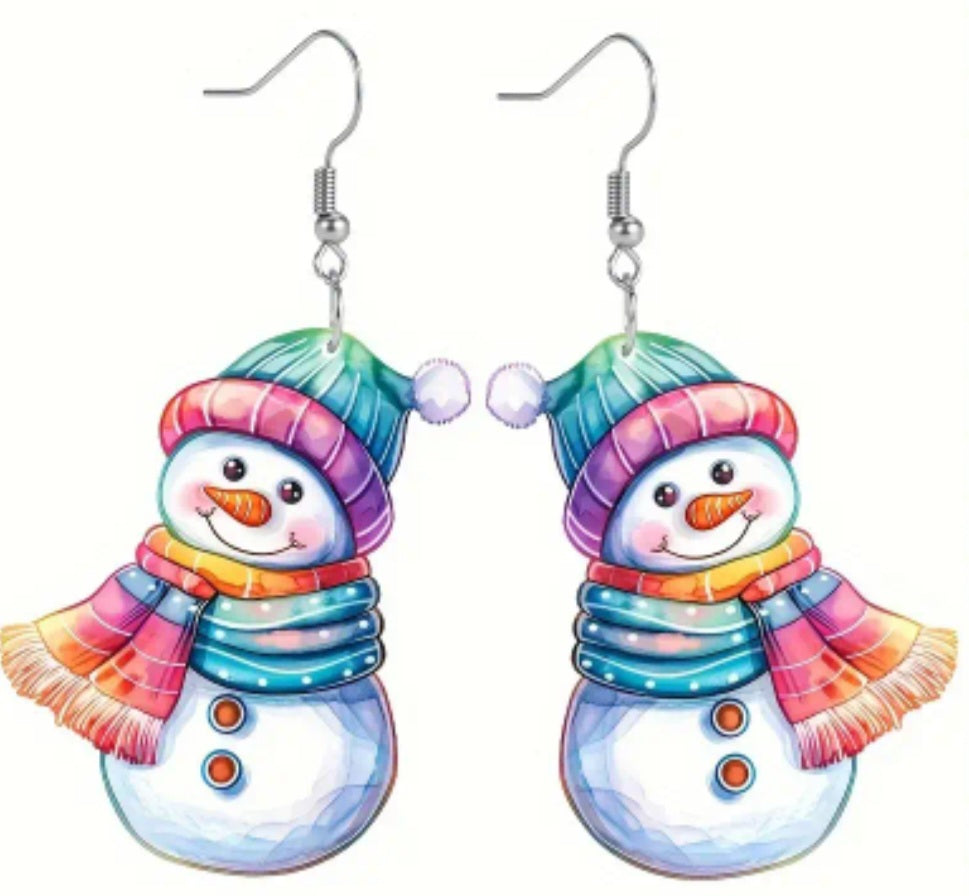 Acrylic Cartoon Christmas Festive Snowman Design Small Drop Dangle Earrings