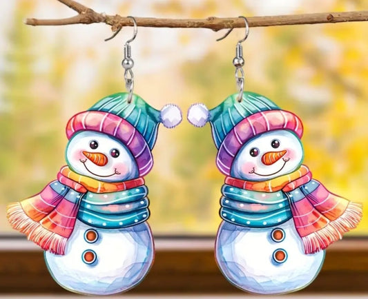 Acrylic Cartoon Christmas Festive Snowman Design Small Drop Dangle Earrings