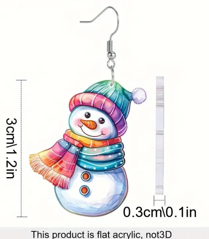 Acrylic Cartoon Christmas Festive Snowman Design Small Drop Dangle Earrings