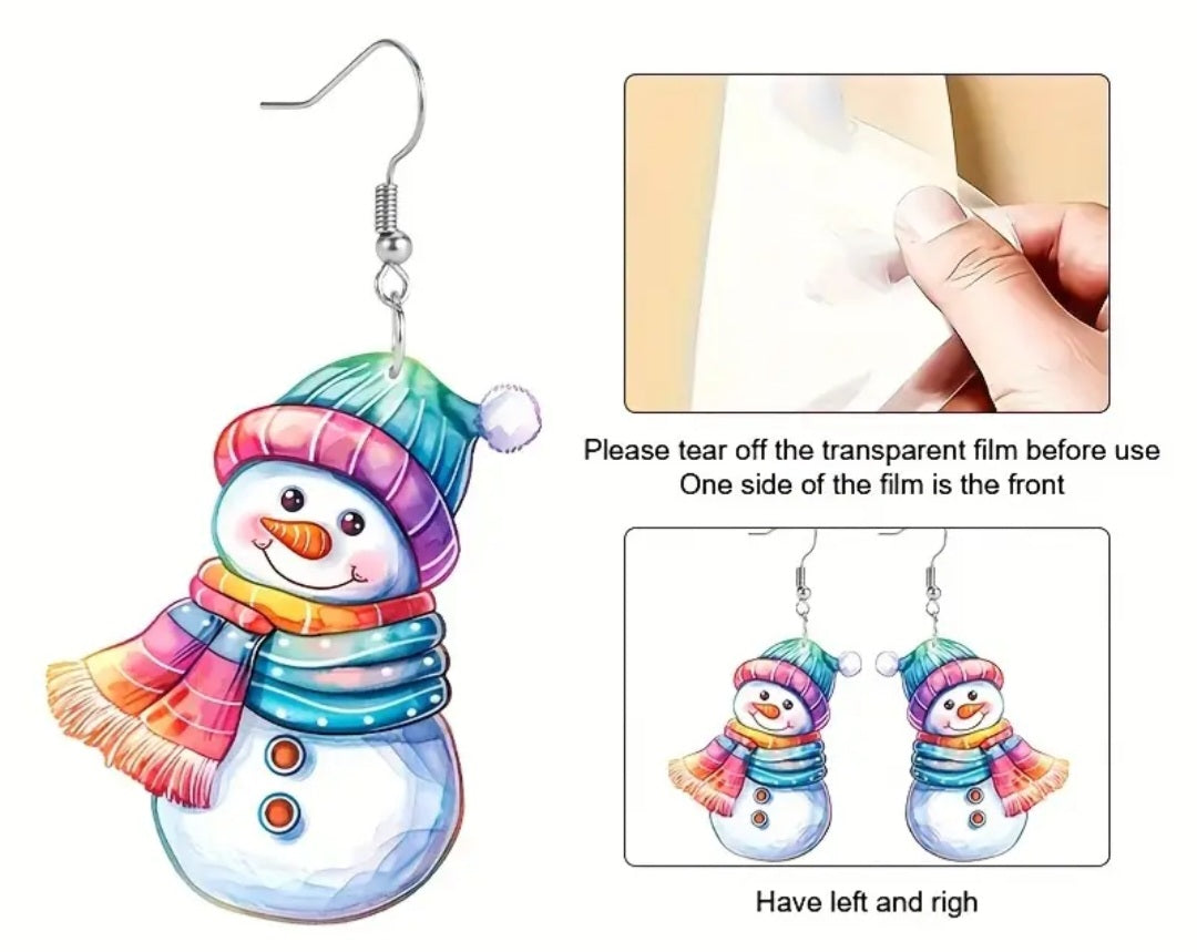 Acrylic Cartoon Christmas Festive Snowman Design Small Drop Dangle Earrings