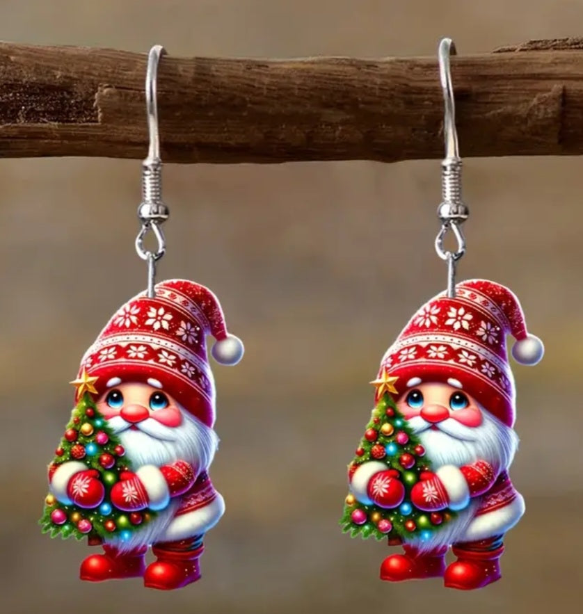 Acrylic Christmas Cartoon  Festive Santa Holding Tree Design Small Drop Dangle Earrings