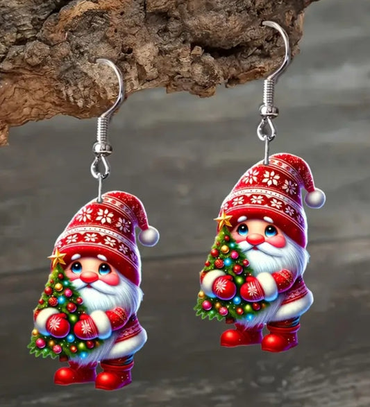 Acrylic Christmas Cartoon  Festive Santa Holding Tree Design Small Drop Dangle Earrings