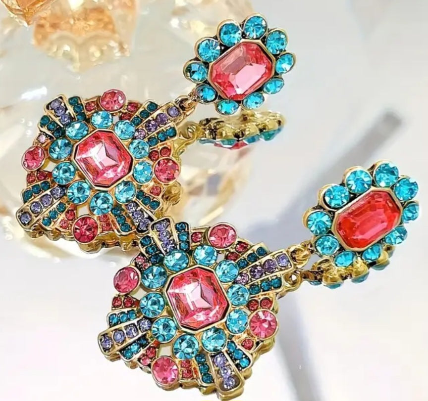 Exquisite Large Pastel Rhinestone Inlay Gold Plated Art Deco Design Drop Dangle Earrings