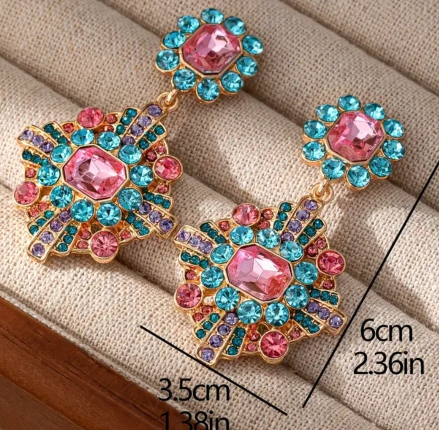 Exquisite Large Pastel Rhinestone Inlay Gold Plated Art Deco Design Drop Dangle Earrings