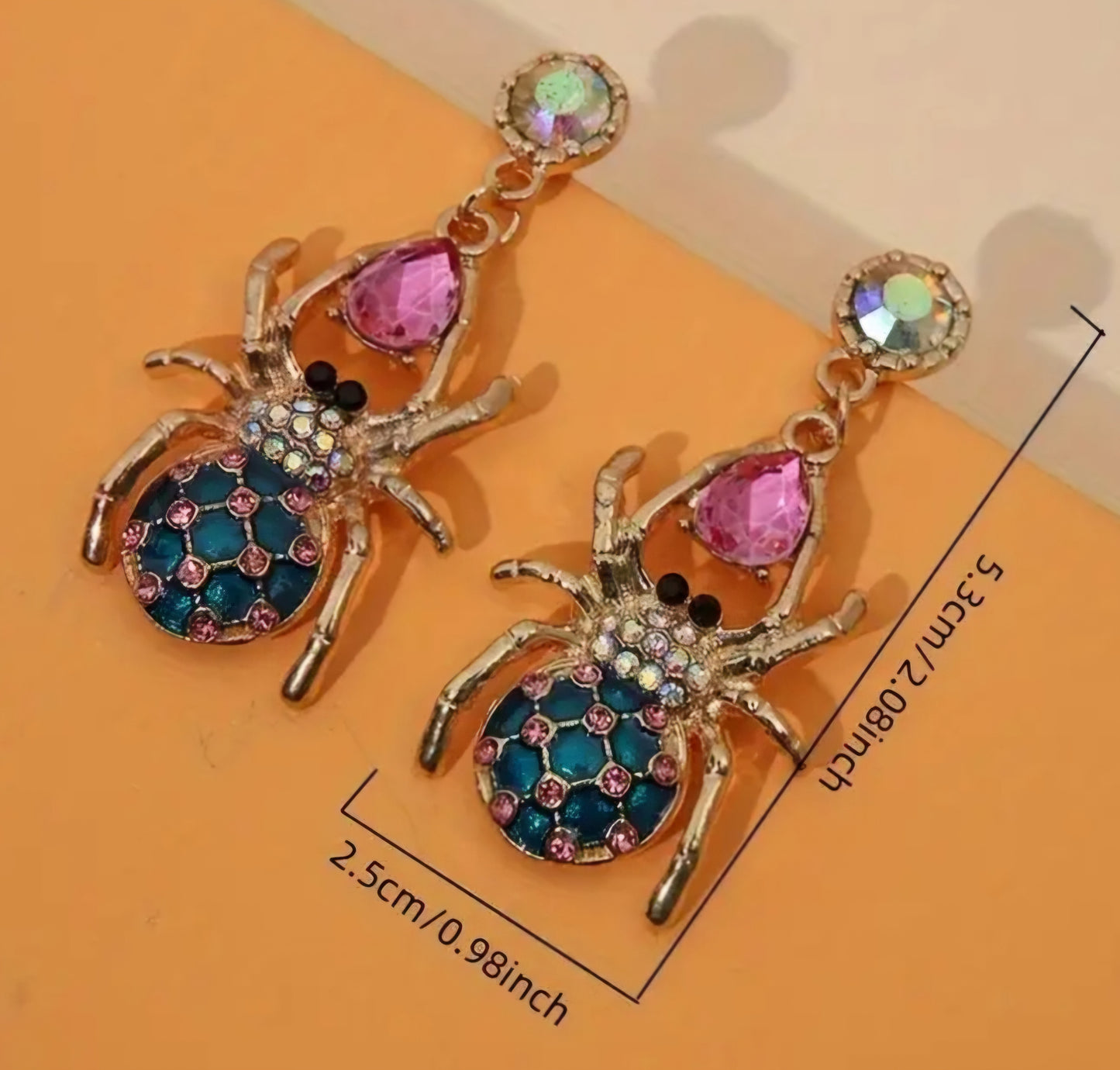 Bling Fancy Large Spider Design Colourful Rhinestone Inlay Gold Plated Drop Dangle Earrings