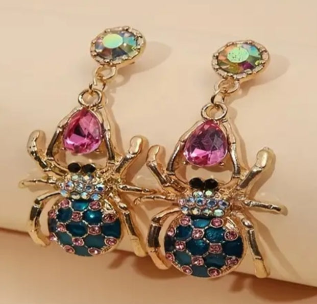 Bling Fancy Large Spider Design Colourful Rhinestone Inlay Gold Plated Drop Dangle Earrings