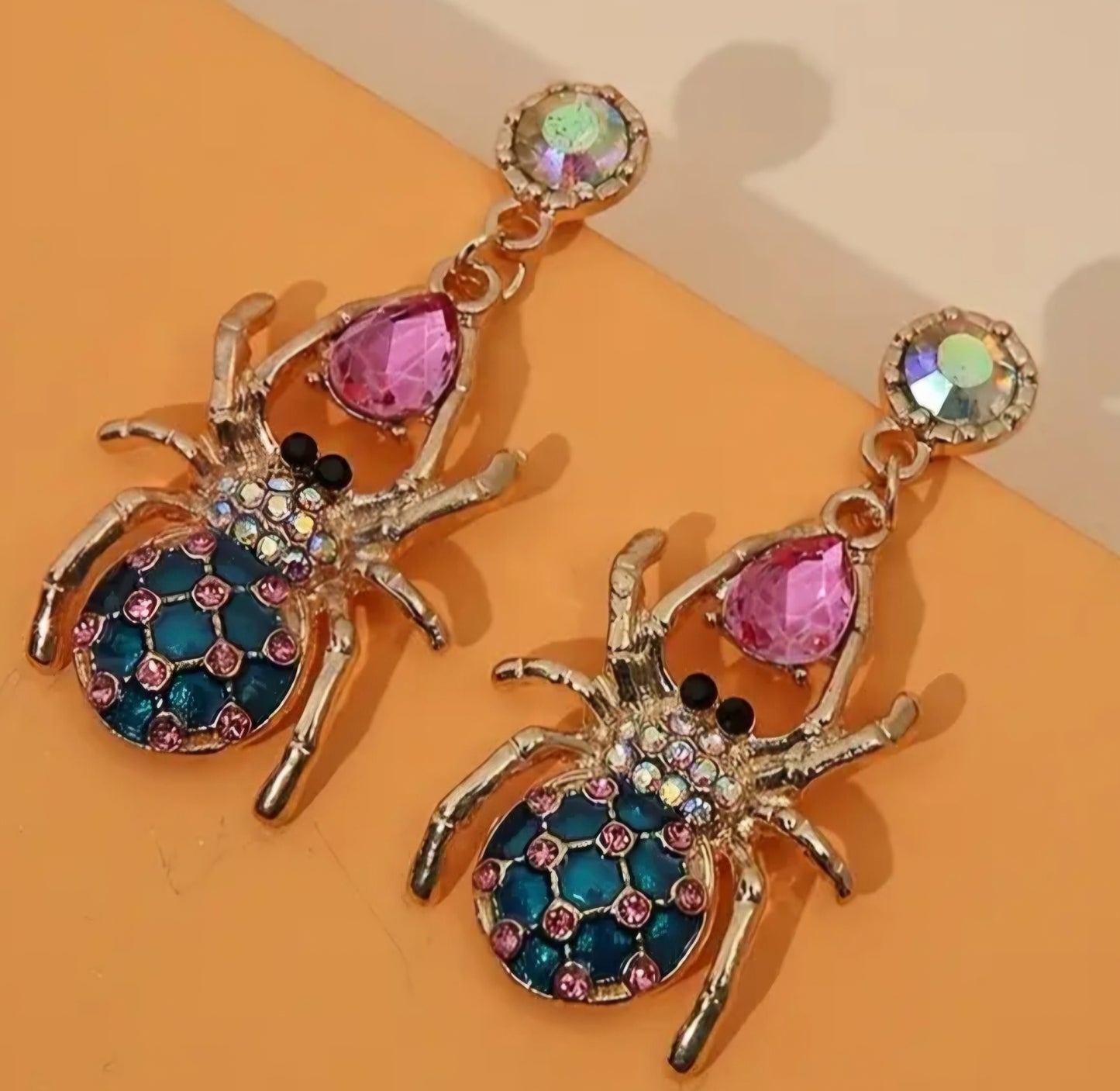 Bling Fancy Large Spider Design Colourful Rhinestone Inlay Gold Plated Drop Dangle Earrings