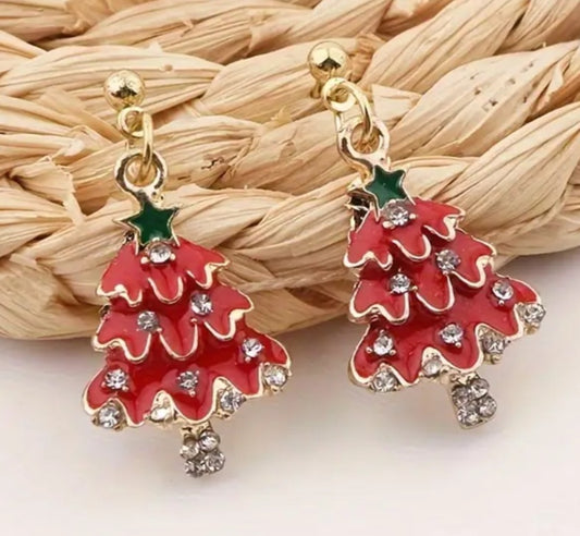 Christmas Tree Festive Red Enamel Painted Rhinestone Inlay Gold Plated Drop Dangle Earrings