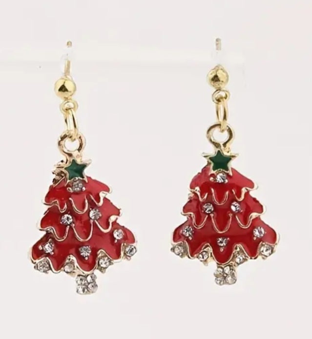 Christmas Tree Festive Red Enamel Painted Rhinestone Inlay Gold Plated Drop Dangle Earrings