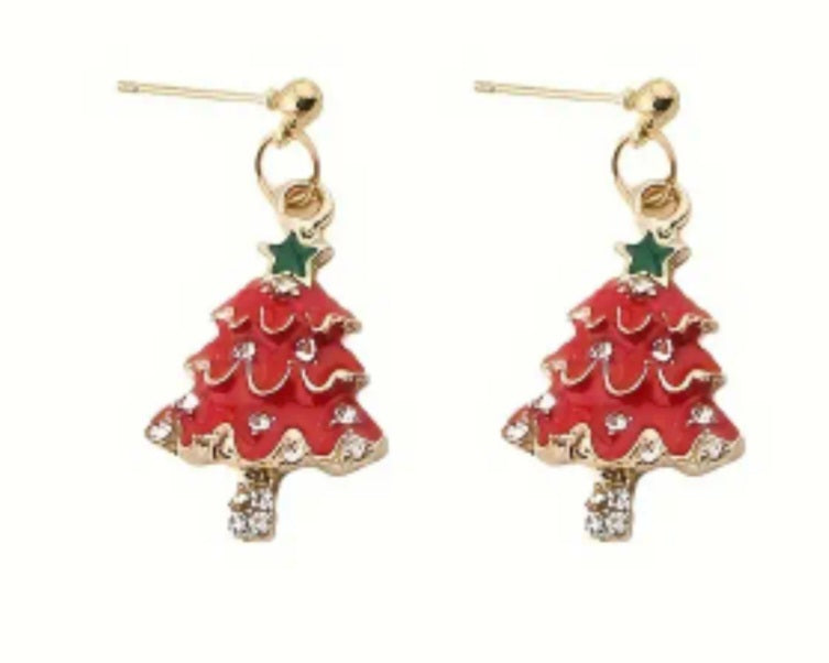 Christmas Tree Festive Red Enamel Painted Rhinestone Inlay Gold Plated Drop Dangle Earrings