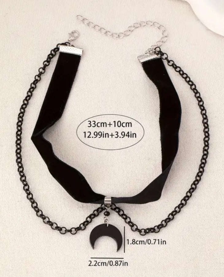 Cresent Moon Gothic Black Velvet  Metal Chain Double  Chocker Necklace