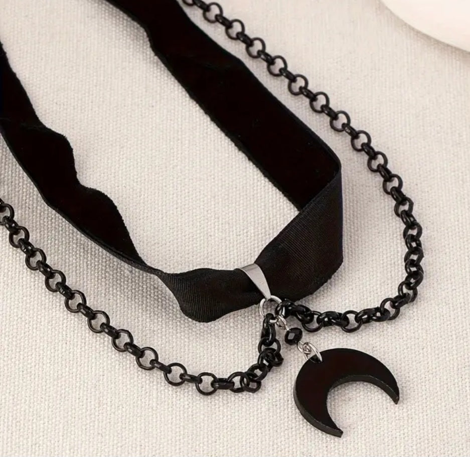 Cresent Moon Gothic Black Velvet  Metal Chain Double  Chocker Necklace