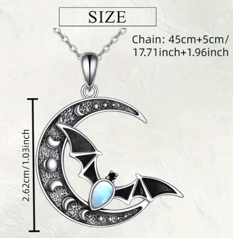 Cresent Moon Bat Moon Stone With Moon Stages Design Gothic Mystic Silver Plated Necklace