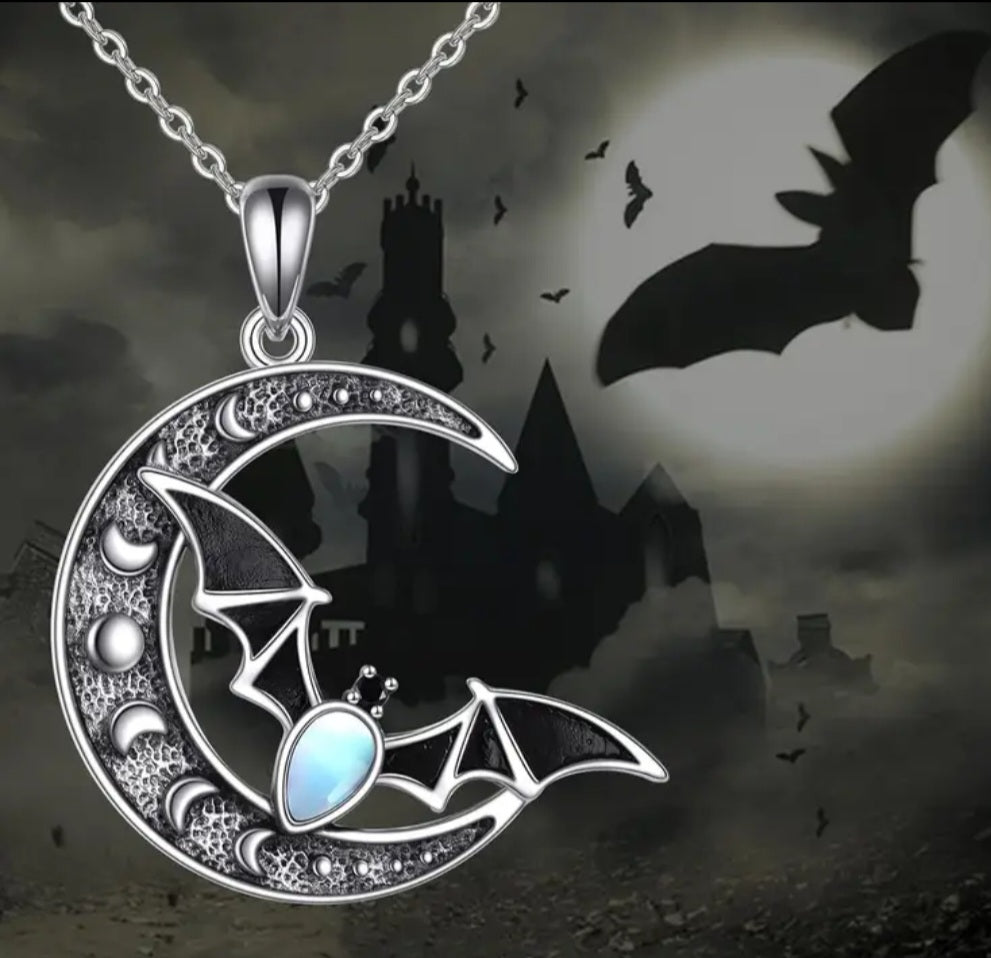 Cresent Moon Bat Moon Stone With Moon Stages Design Gothic Mystic Silver Plated Necklace