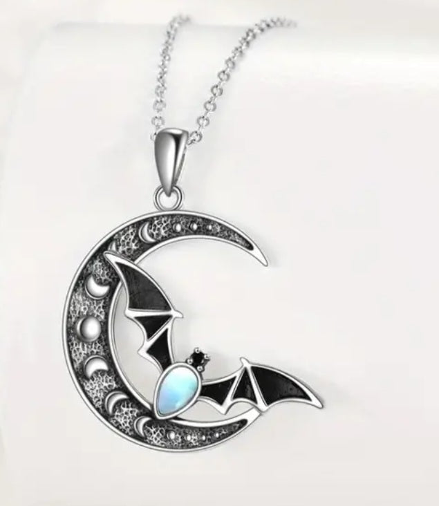 Cresent Moon Bat Moon Stone With Moon Stages Design Gothic Mystic Silver Plated Necklace