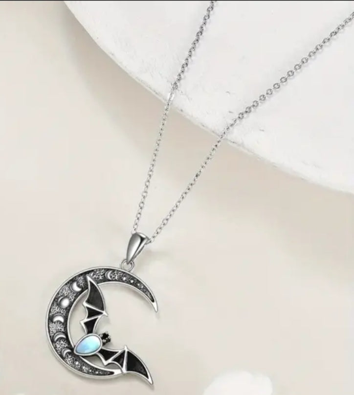 Cresent Moon Bat Moon Stone With Moon Stages Design Gothic Mystic Silver Plated Necklace