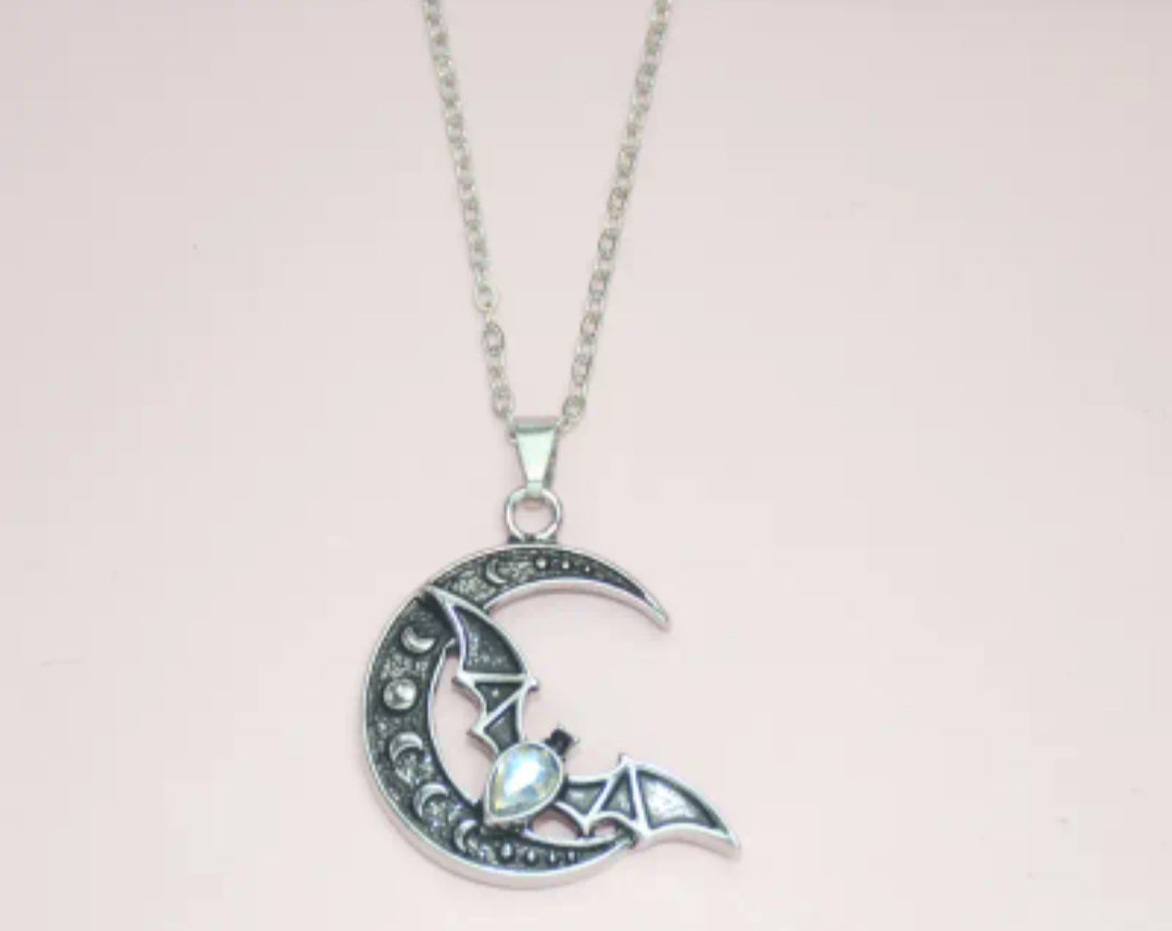 Cresent Moon Bat Moon Stone With Moon Stages Design Gothic Mystic Silver Plated Necklace