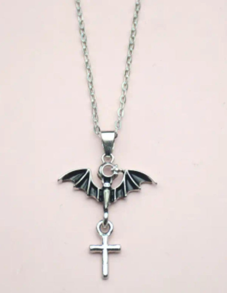 Cresent Moon Bat With Cross Design Gothic Mystic Silver Plated Necklace