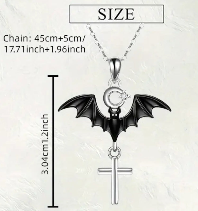 Cresent Moon Bat With Cross Design Gothic Mystic Silver Plated Necklace