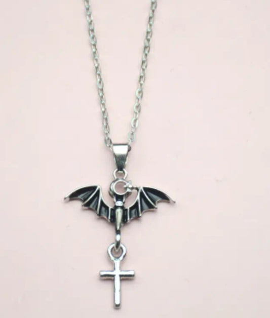 Cresent Moon Bat With Cross Design Gothic Mystic Silver Plated Necklace