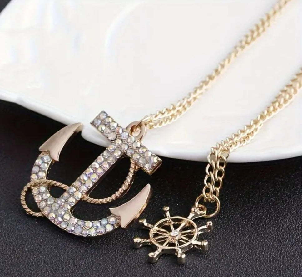 Double Chain Anchor Ship Wheel Nautical Gold Plated Rhinestone Inlay Layer Look Necklace