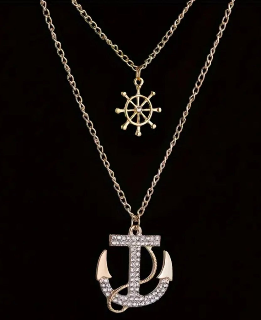 Double Chain Anchor Ship Wheel Nautical Gold Plated Rhinestone Inlay Layer Look Necklace