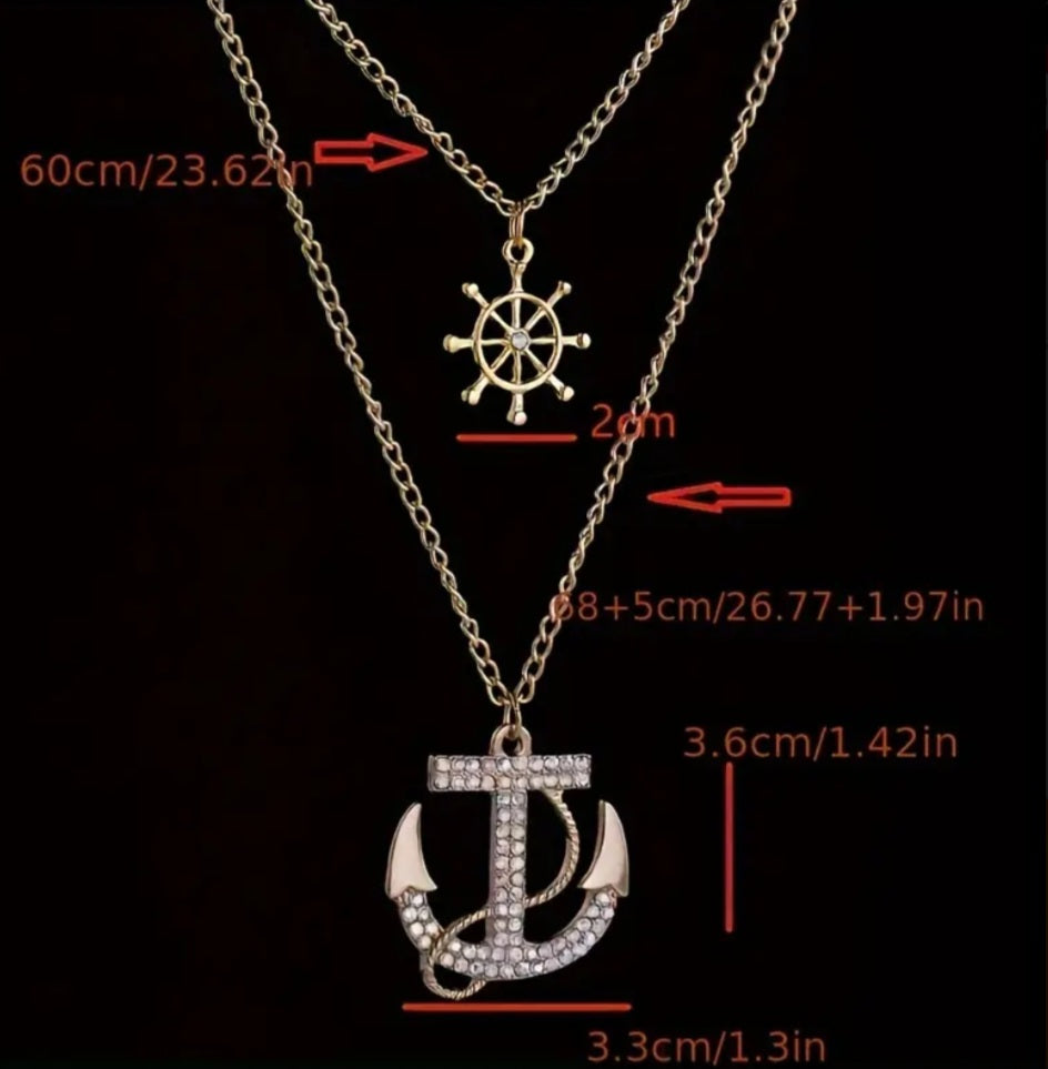 Double Chain Anchor Ship Wheel Nautical Gold Plated Rhinestone Inlay Layer Look Necklace