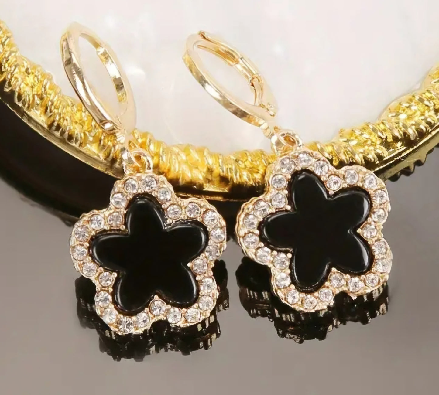 Black Enamel Rhinestone Inlay Gold Plated Clover Flower Design Small Drop Dangle Earrings