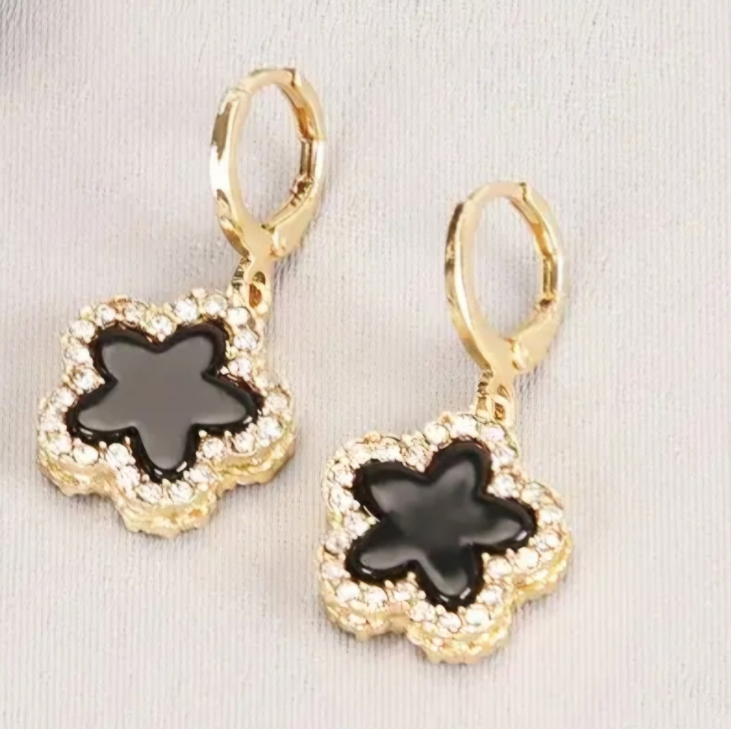 Black Enamel Rhinestone Inlay Gold Plated Clover Flower Design Small Drop Dangle Earrings