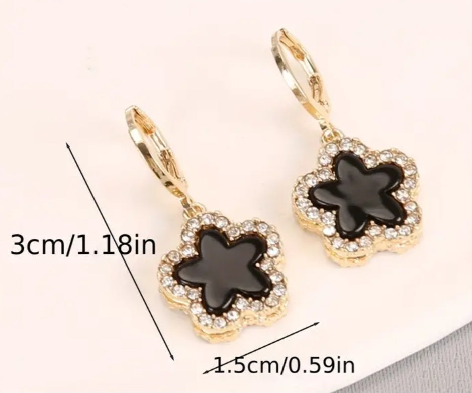 Black Enamel Rhinestone Inlay Gold Plated Clover Flower Design Small Drop Dangle Earrings