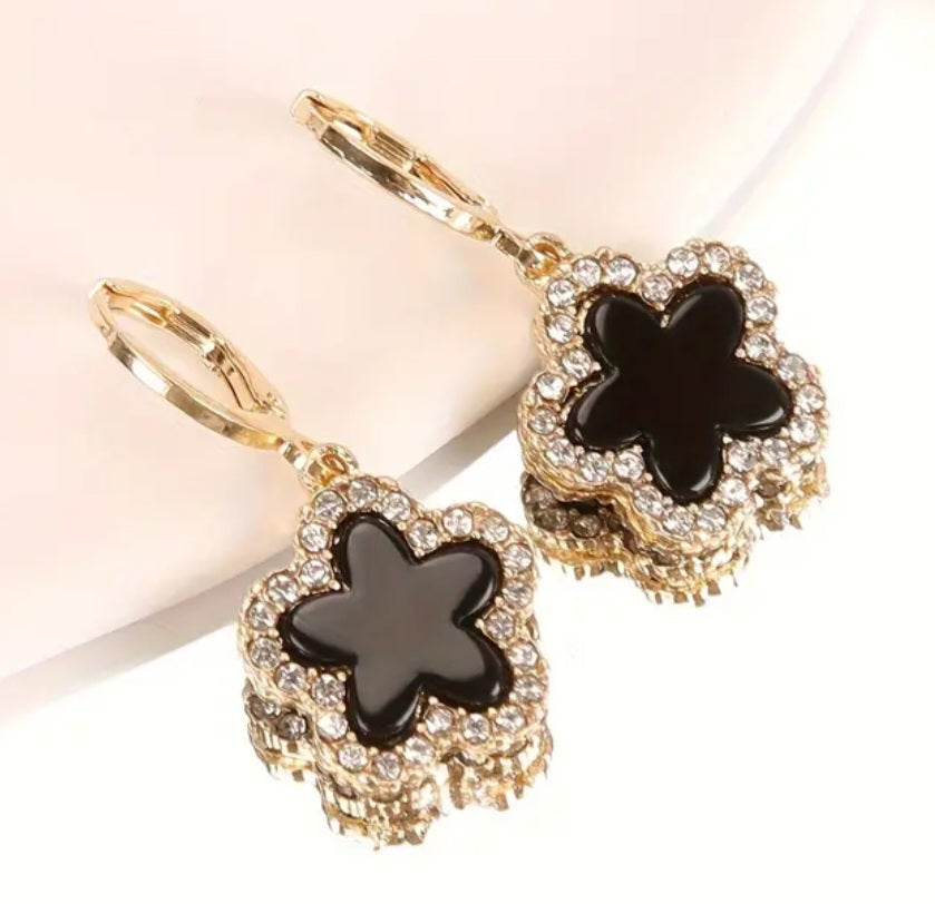 Black Enamel Rhinestone Inlay Gold Plated Clover Flower Design Small Drop Dangle Earrings