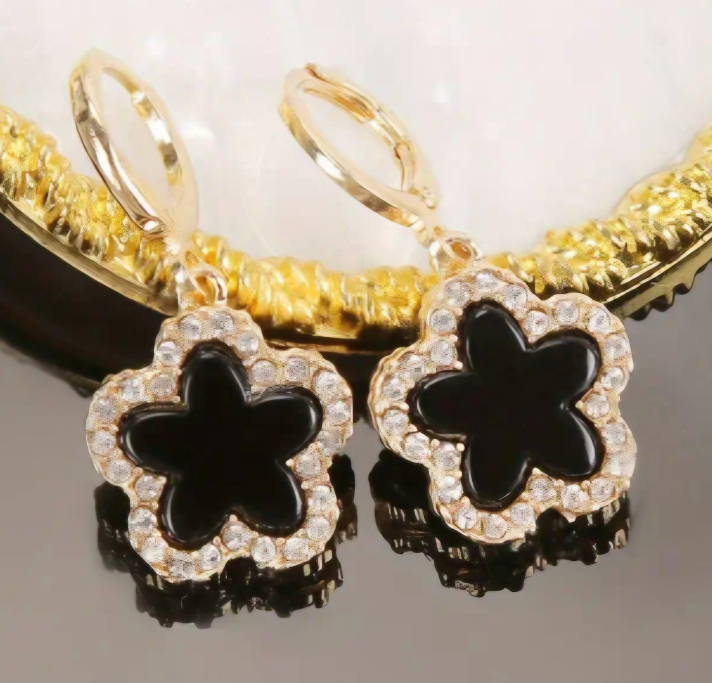 Black Enamel Rhinestone Inlay Gold Plated Clover Flower Design Small Drop Dangle Earrings