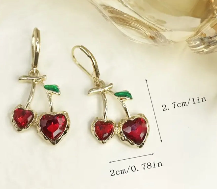 Cherries Cherry Heart Jewel Rhinestone Design Gold Plated Drop Dangle Earrings