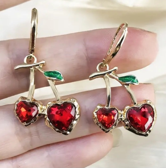 Cherries Cherry Heart Jewel Rhinestone Design Gold Plated Drop Dangle Earrings