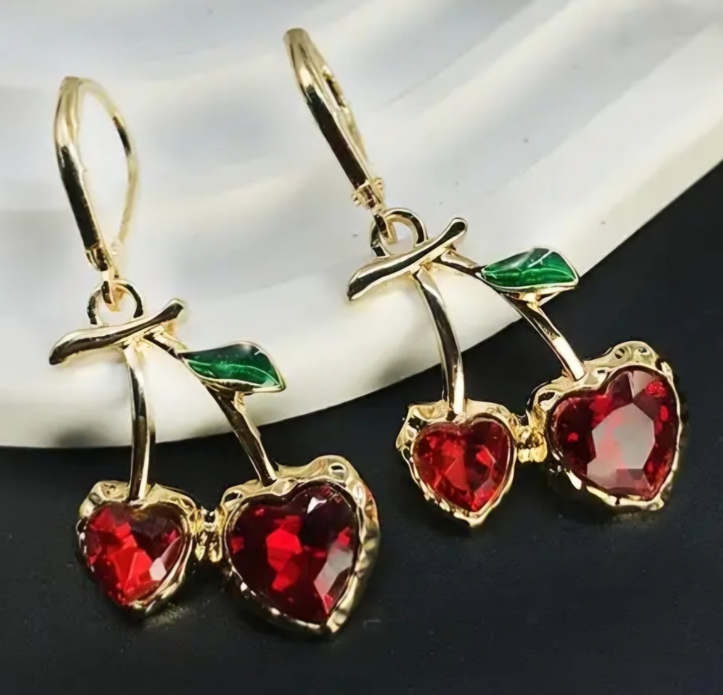 Cherries Cherry Heart Jewel Rhinestone Design Gold Plated Drop Dangle Earrings