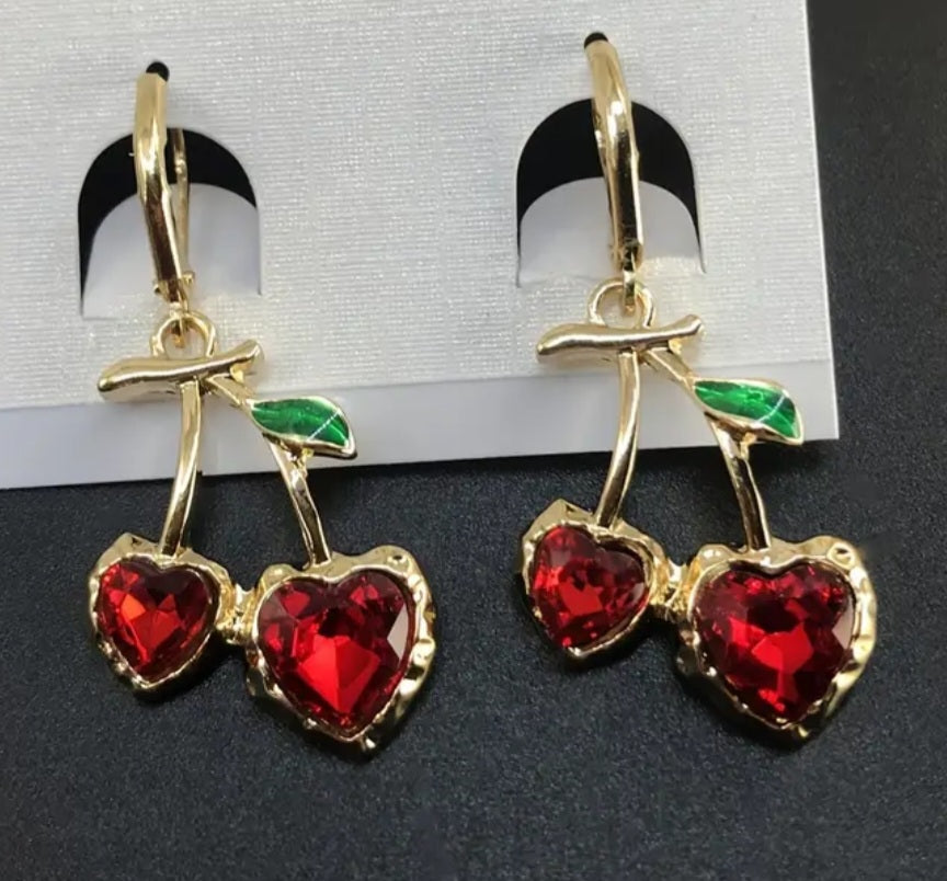 Cherries Cherry Heart Jewel Rhinestone Design Gold Plated Drop Dangle Earrings