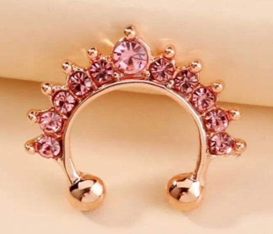 Ear Cuff Faux Piercing Septum Ring Gold Plated Pink Rhinestone Scallop Design