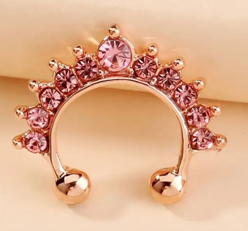 Ear Cuff Faux Piercing Septum Ring Gold Plated Pink Rhinestone Scallop Design