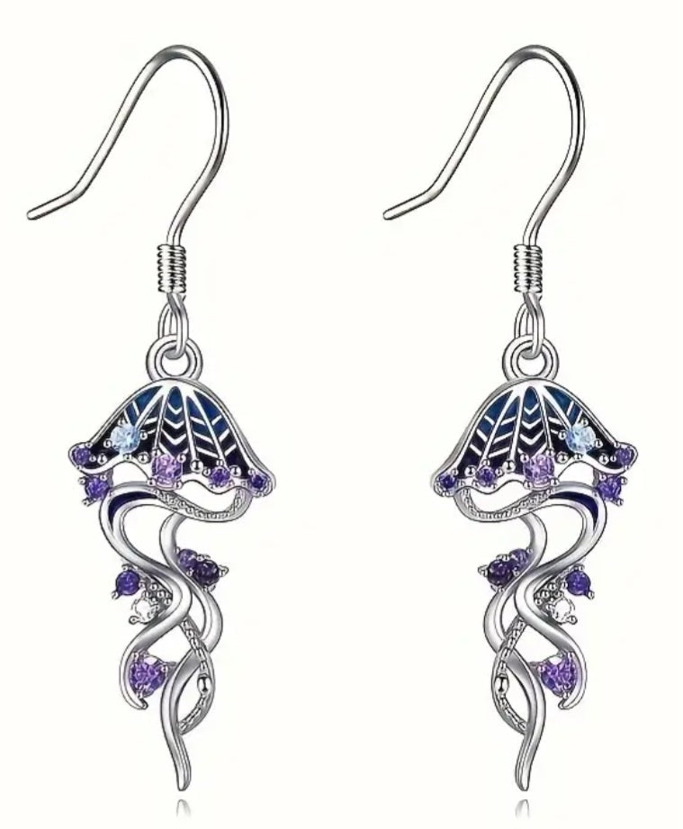 Dainty Jellyfish Silver Plated Rhinestone Inlay  Marine Design Small Drop Dangle Earrings