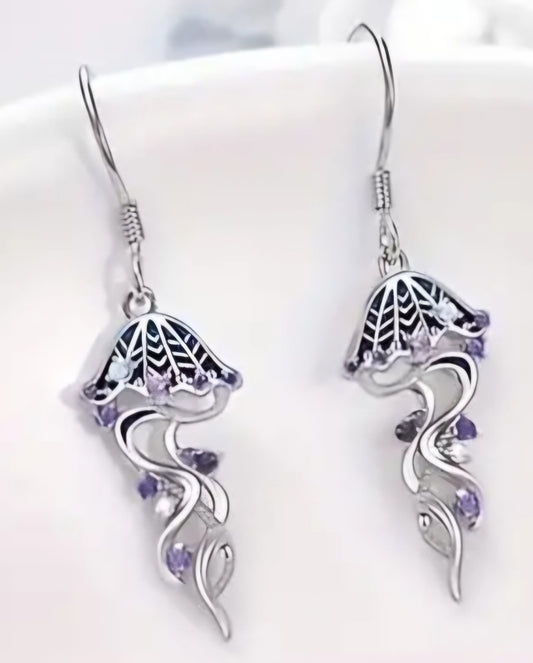 Dainty Jellyfish Silver Plated Rhinestone Inlay  Marine Design Small Drop Dangle Earrings