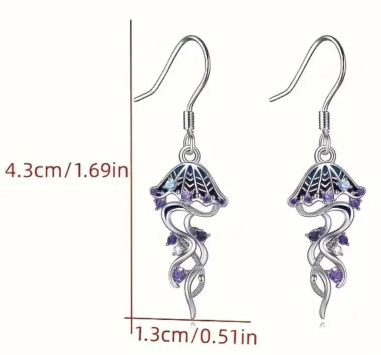 Dainty Jellyfish Silver Plated Rhinestone Inlay  Marine Design Small Drop Dangle Earrings