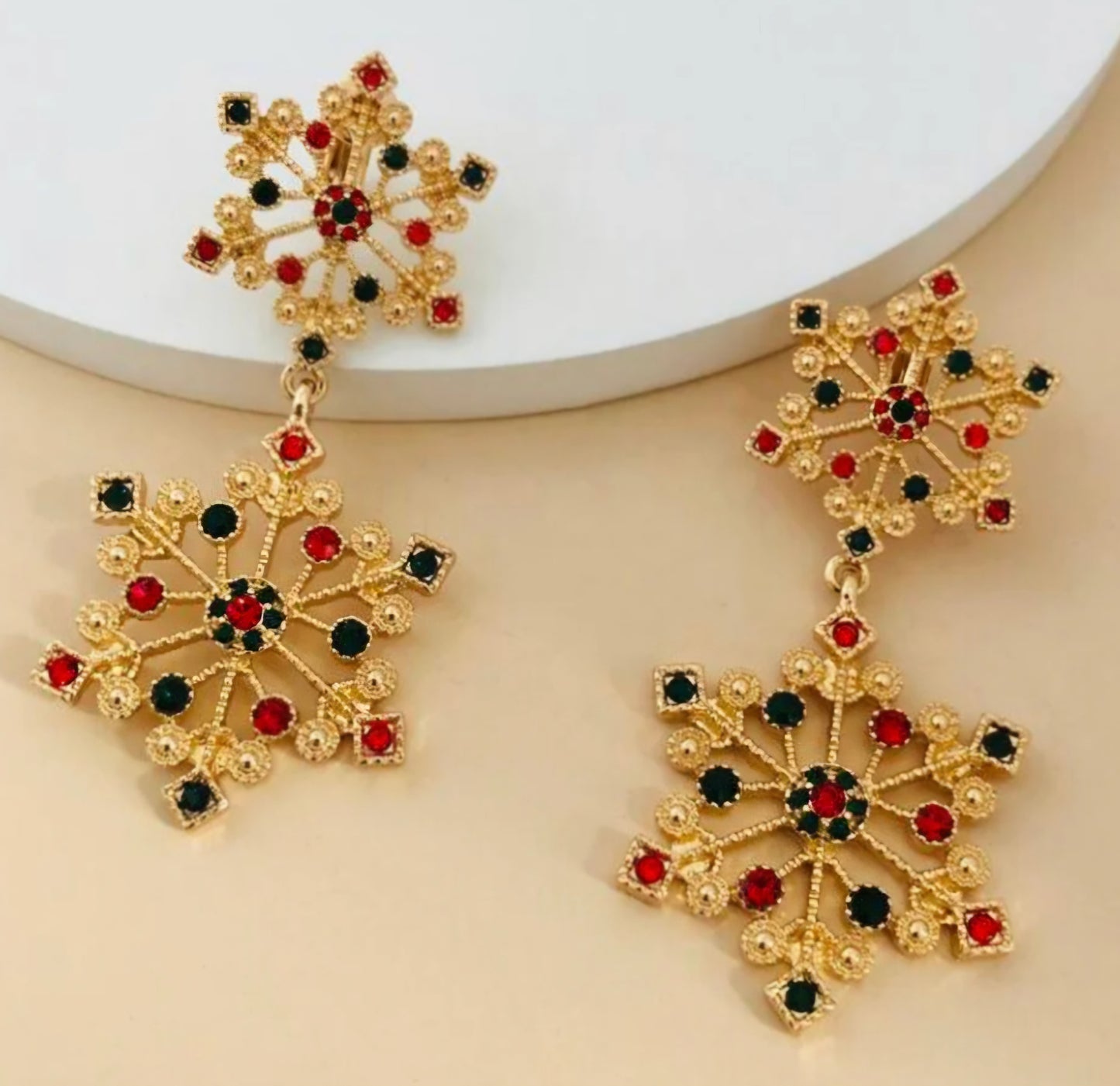 Christmas Festive Gold Plated Rhinestone Snowflakes Double Drop Design Extra Large CLIP On Drop Dangle Earrings