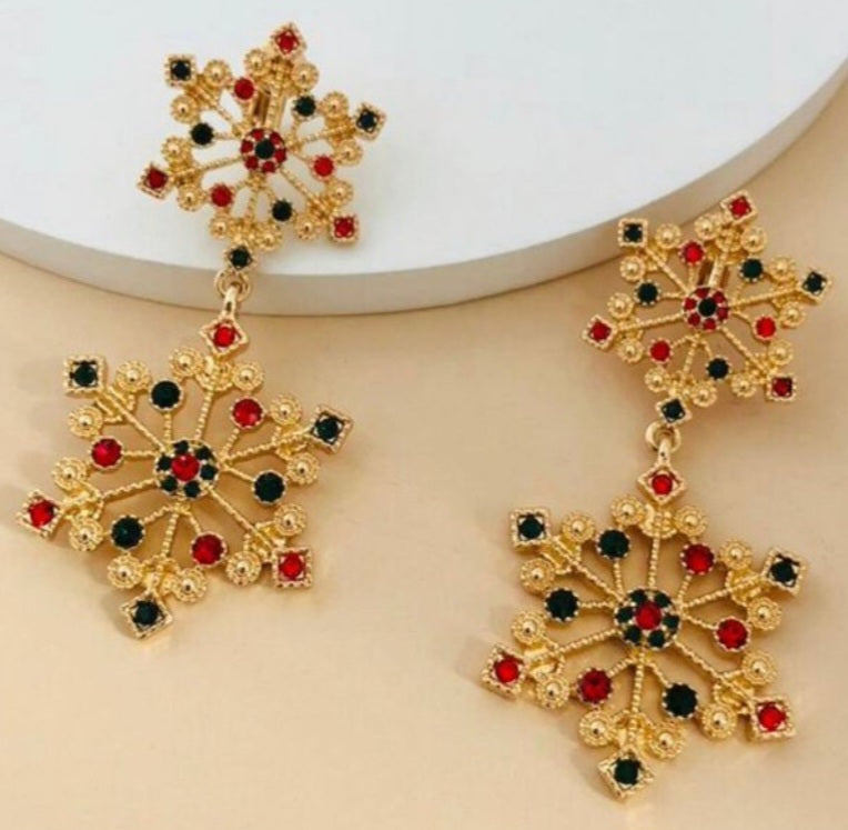 Christmas Festive Gold Plated Rhinestone Snowflakes Double Drop Design Extra Large CLIP On Drop Dangle Earrings