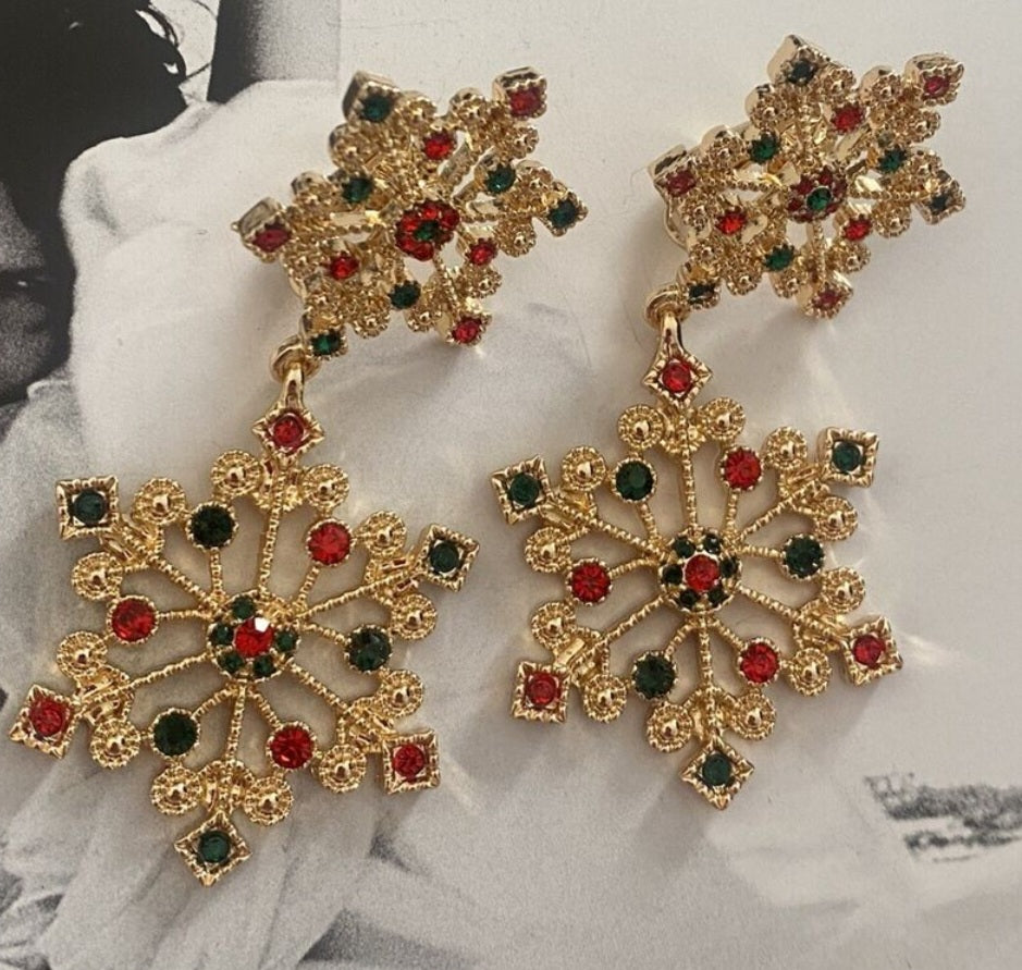 Christmas Festive Gold Plated Rhinestone Snowflakes Double Drop Design Extra Large CLIP On Drop Dangle Earrings